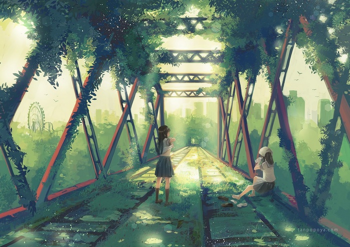 Anime girls in school uniforms on an overgrown bridge