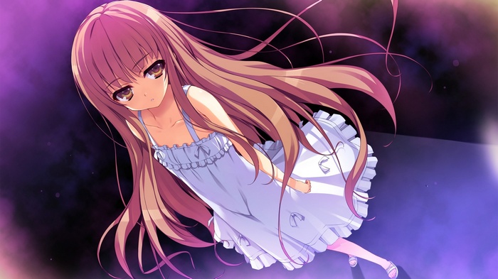 Anime girl with pink hair and brown eyes in a white dress
