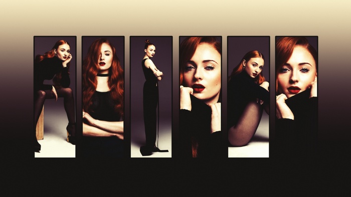 Sophie Turner in black outfits with red lipstick