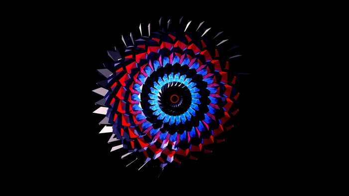 Abstract spiral digital art with red and blue geometric shapes