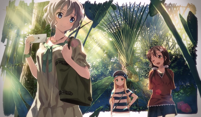 Anime girls in a greenhouse with sunlight
