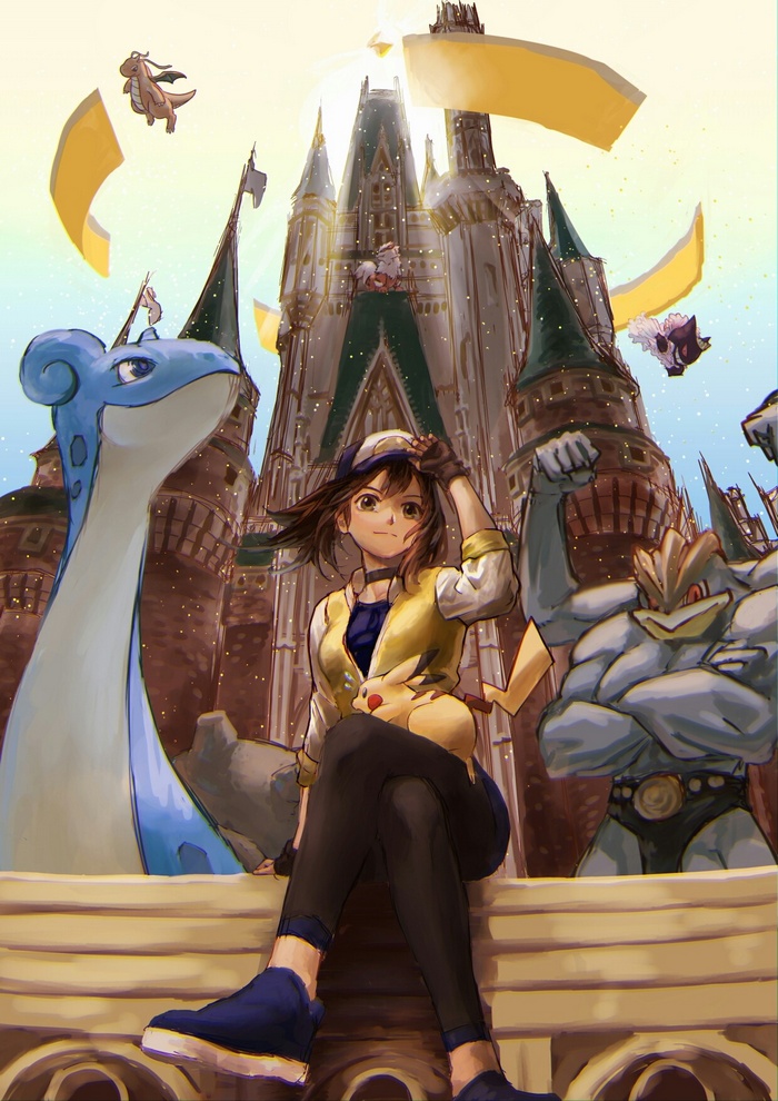 Pokémon Trainer with Lapras, Machamp, and Pikachu in front of castle