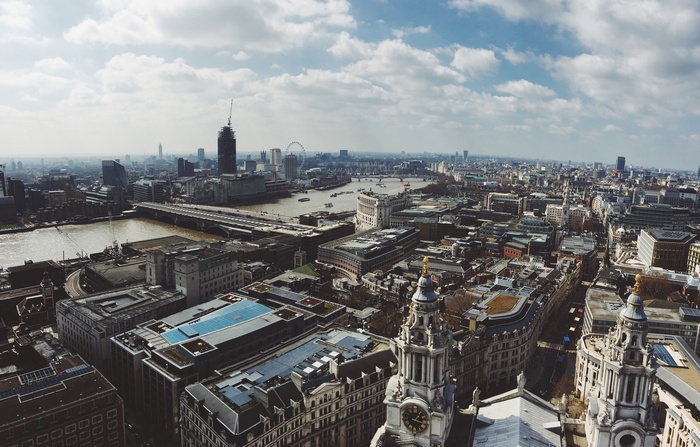 Aerial view of London skyline with River Thames