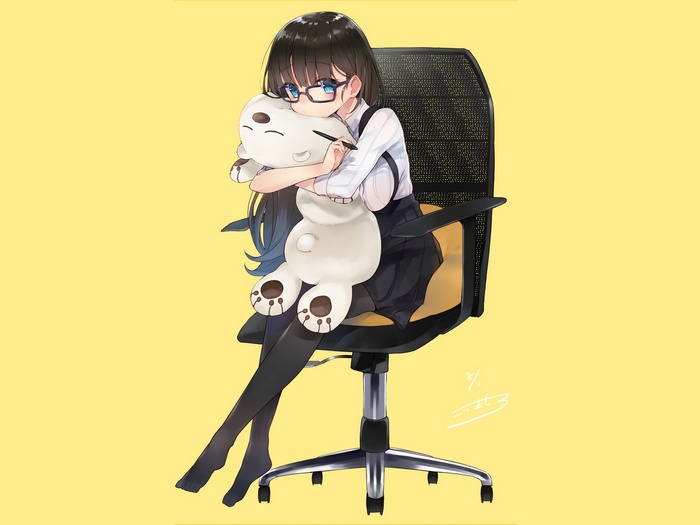 Anime girl with glasses hugging a stuffed bear