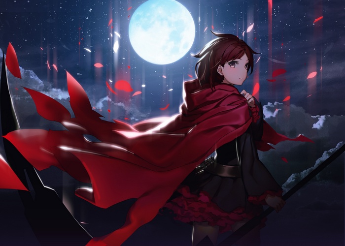Ruby Rose with a scythe under the moon
