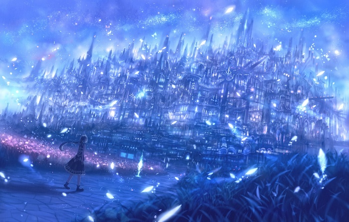 Fantasy art of a magical city with a girl