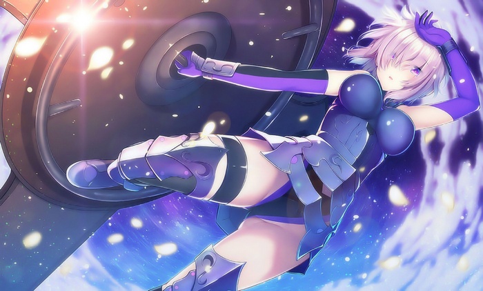 gloves, FateGrand Order, elbow gloves, clouds, boots, thigh-highs, violet eyes, Shielder (FateGrand Order), armor, Fate Series, pink hair, short hair