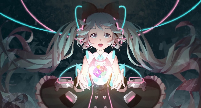 Hatsune Miku holding a crystal with neon lights