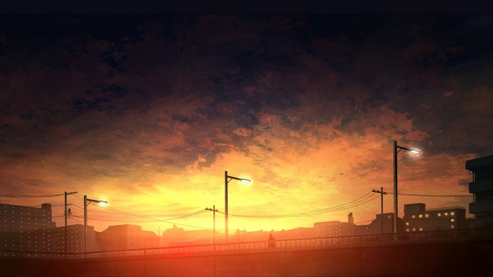 Anime cityscape at sunset with streetlights