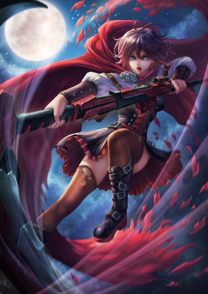 Ruby Rose with Crescent Rose under the Moon