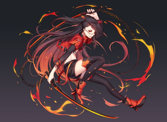 Anime girl with black hair, red eyes, and glasses wielding a sword