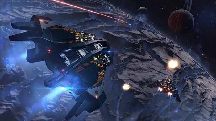 Elite: Dangerous space combat over rocky planet