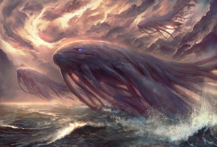 Fantasy sea creatures in stormy clouds