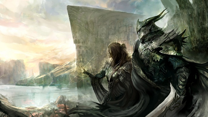 Warrior and mage by a lake with ancient ruins
