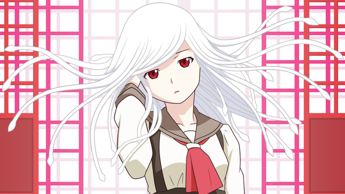 Sengoku Nadeko with white hair and red eyes