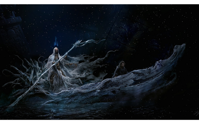 Warrior with spear in a boat on water