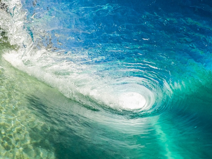 Underwater view of a breaking ocean wave
