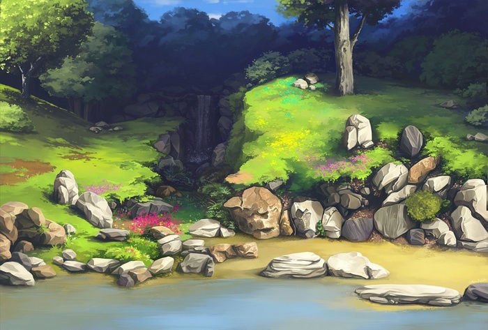 Digital art of a serene forest waterfall with rocks and flowers