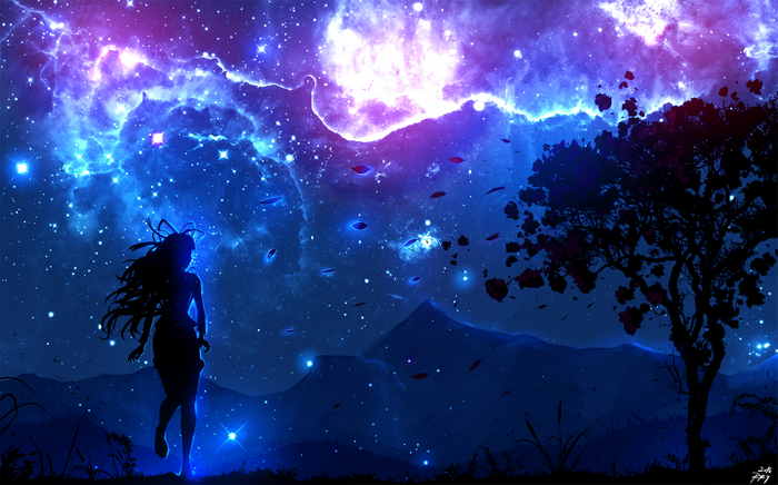 Anime girl under a starry galaxy sky
