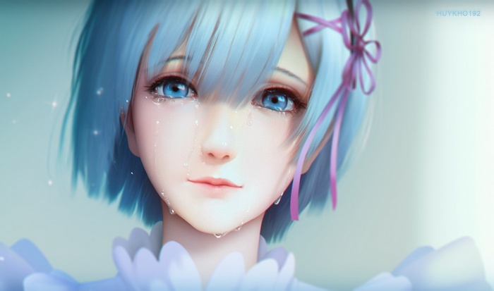 Rem from Re:Zero crying with blue hair and eyes