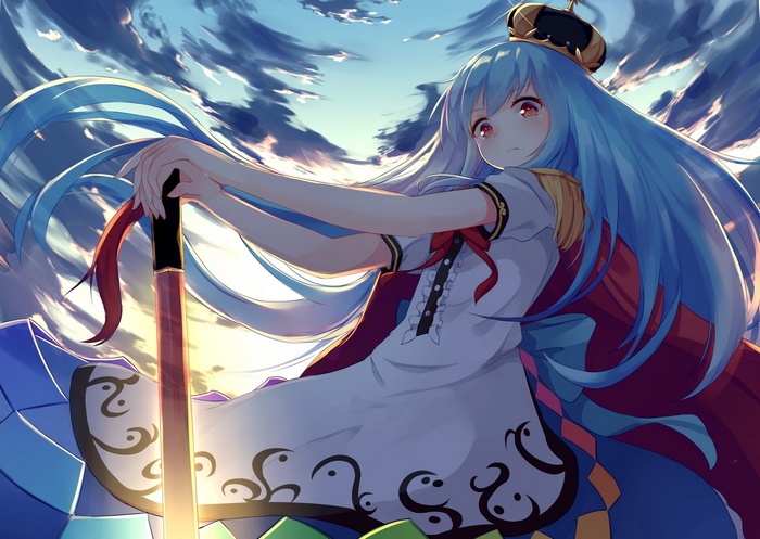 Hinanawi Tenshi from Touhou with blue hair and sword