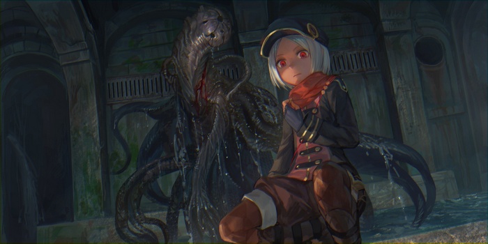 Anime girl with red eyes and a monster in a dungeon