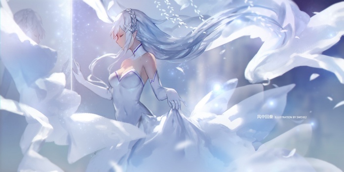 Emilia in a white dress with flowing hair