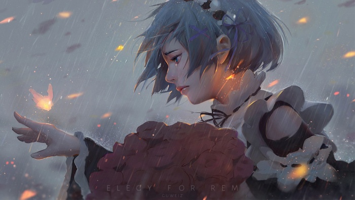 Rem from Re: Zero in the rain with a glowing butterfly