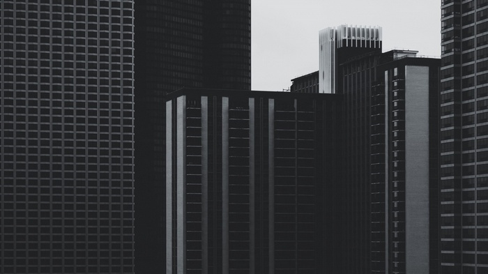 Monochrome urban skyscrapers with grid patterns