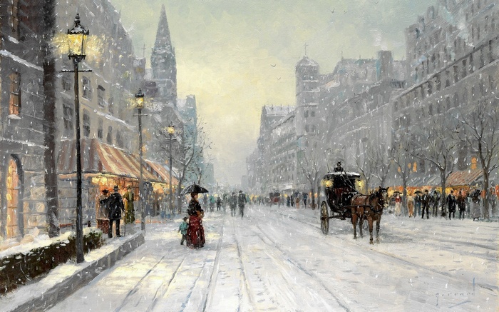 A snowy city street with horse-drawn carriages and pedestrians.