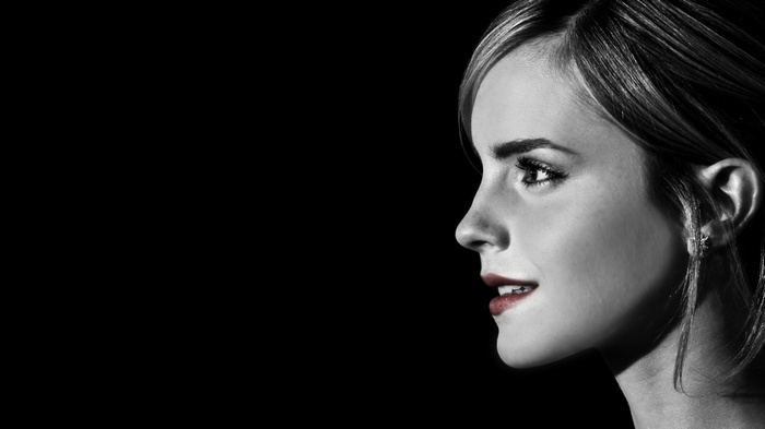 face, selective coloring, looking away, side view, profile, Emma Watson, red lipstick, women