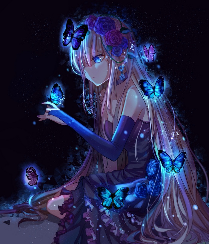 blue eyes, pink hair, long hair, anime girls, dress, butterfly, anime