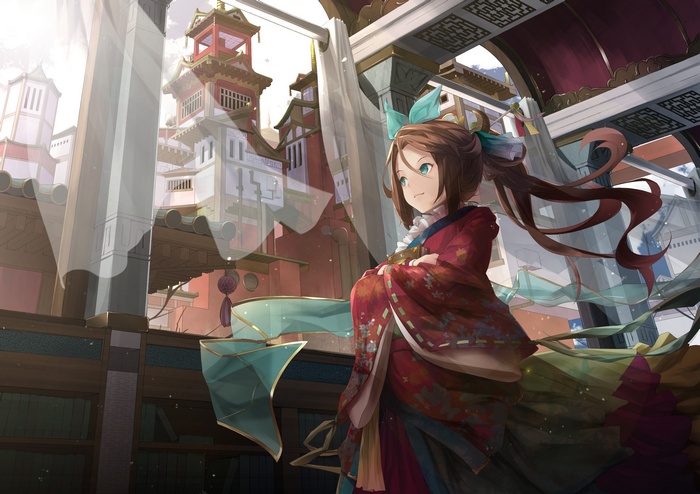 Anime girl in Japanese clothes with green eyes