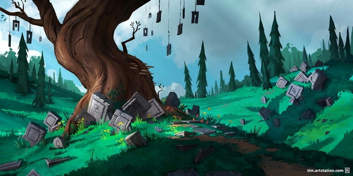 Concept art of a spooky graveyard with a large tree