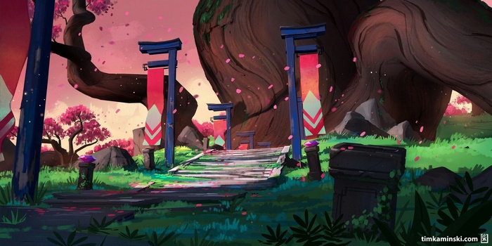 Digital art of a Japanese-inspired landscape with cherry blossoms