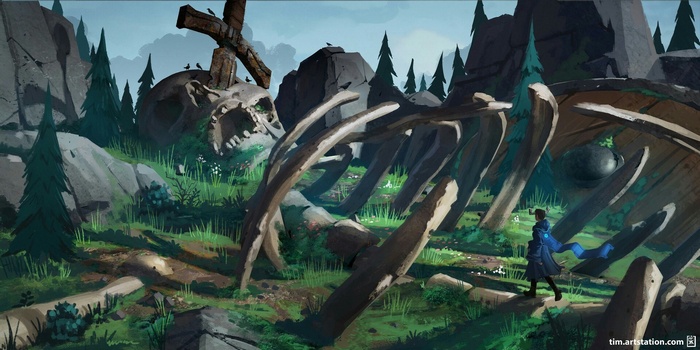 Giant Skeleton and a Person in a Forest