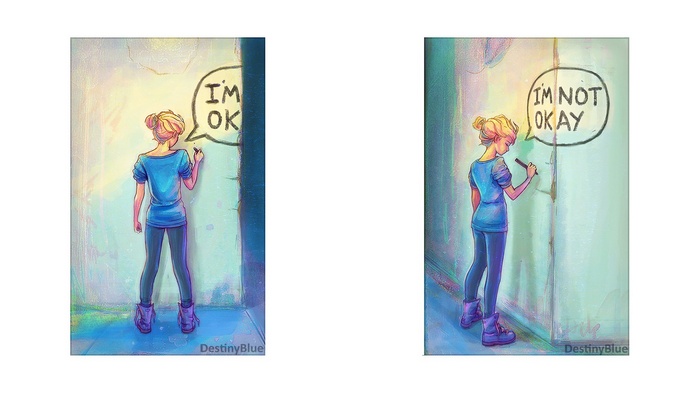 Woman writing "I'm OK" and "I'm Not Okay" on wall
