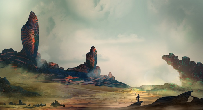 Alien landscape with strange rock formations and a lone figure