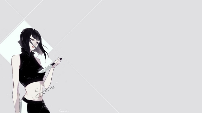 Anime girl with black hair holding a knife