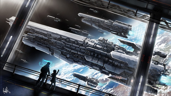Futuristic spaceships orbiting a planet
