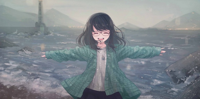 Anime girl with glasses by the sea with lighthouse