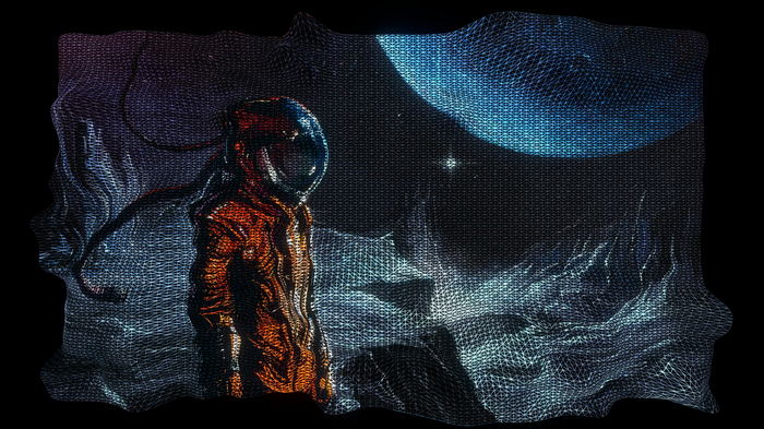 Astronaut on a textured alien planet with a large moon