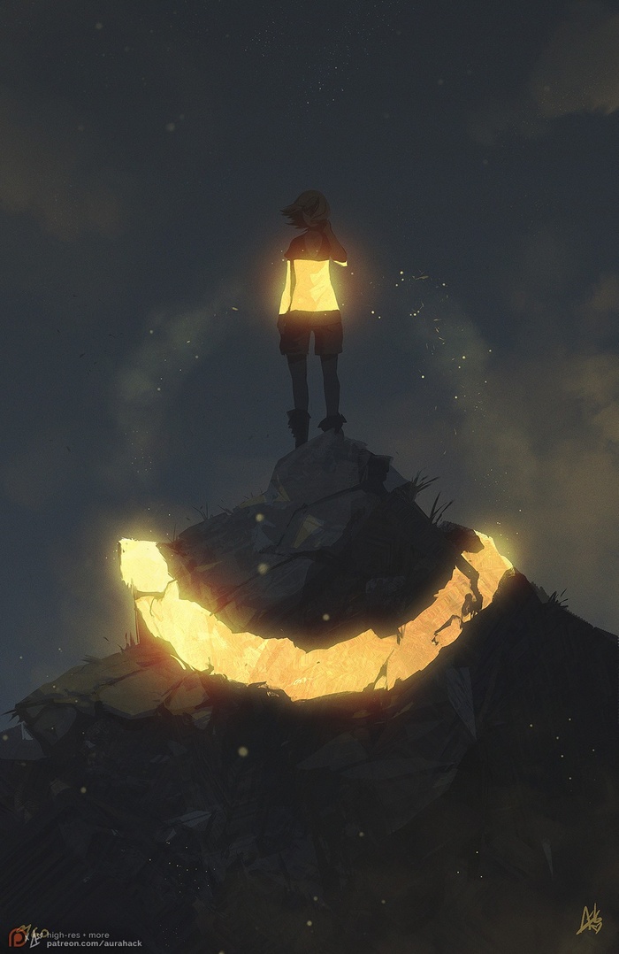 Anime girl standing on a glowing magic circle on a mountain