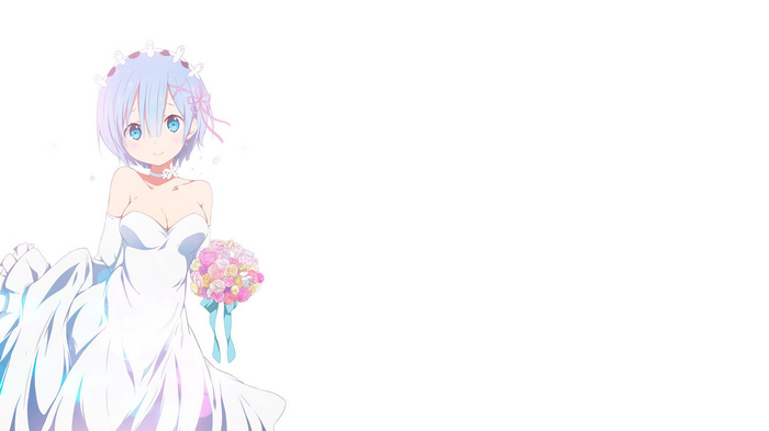 Rem in a wedding dress holding a bouquet