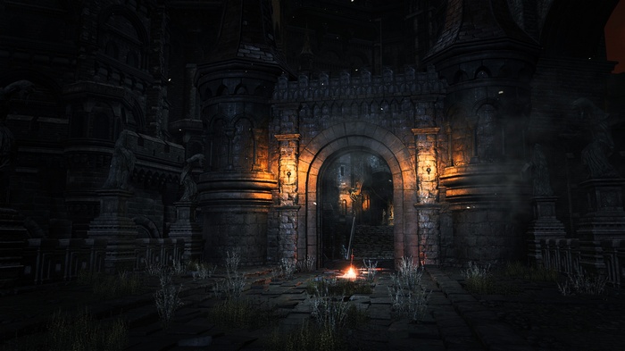 Dark Souls III castle entrance with bonfire