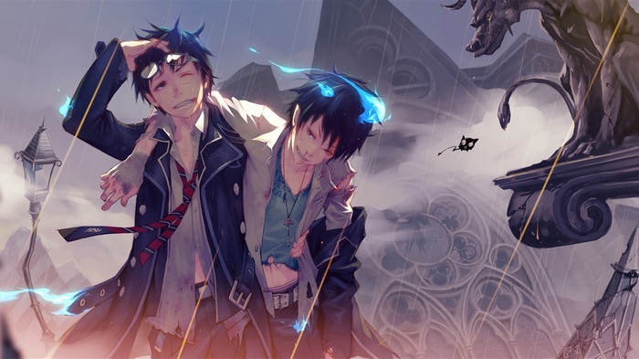 Blue Exorcist: Okumura Rin and Okumura Yukio in Rain