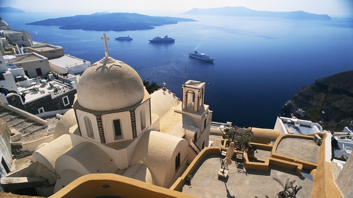 Santorini, Greece: White Church Overlooking the Aegean Sea