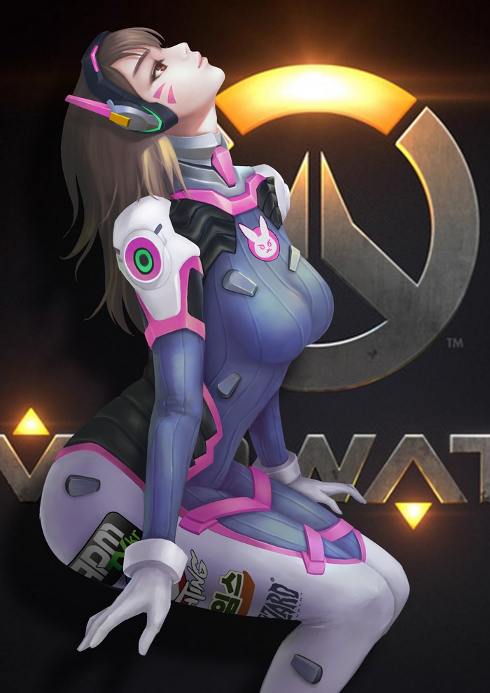 D.Va from Overwatch in a blue and pink suit
