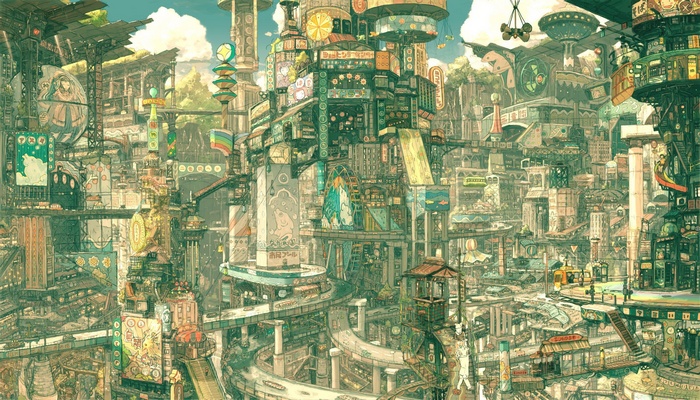 Fantasy city with intricate architecture and elevated highways