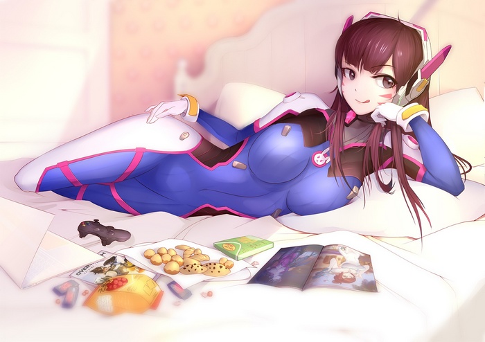 D.Va from Overwatch lying in bed with snacks